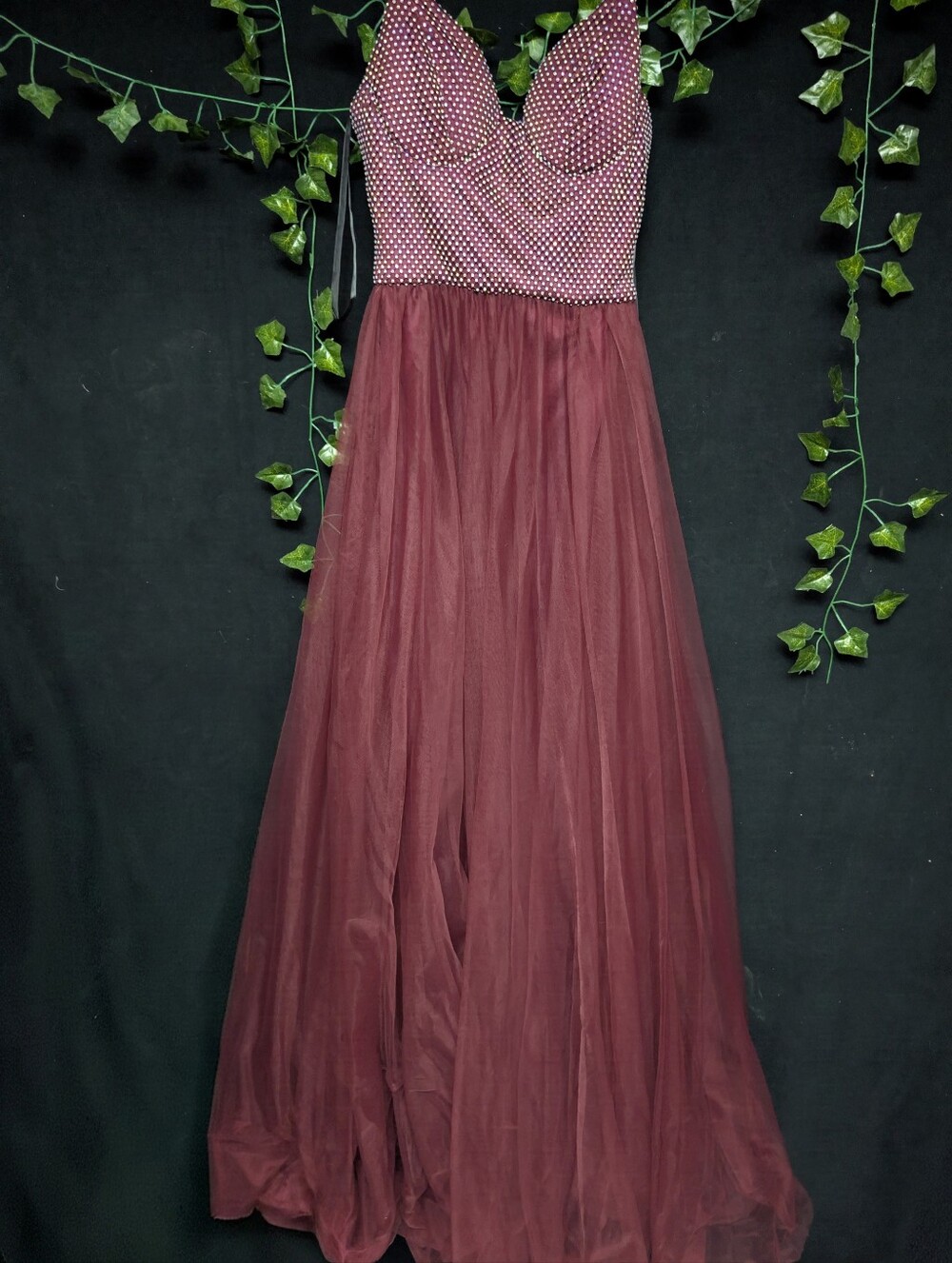 B Darlin Strapless Burgundy Tulle Prom Dress with Jeweled Bodice